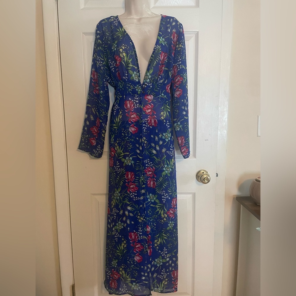 Navy‎ Blue Floral Plunge  Beach Cover-Up